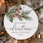 Our First Christmas as a Couple Ornament<br><div class="desc">Customisable Holiday ornament. Edit the wording to celebrate your first Christmas together. Holiday greens with red berries watercolor illustration.</div>