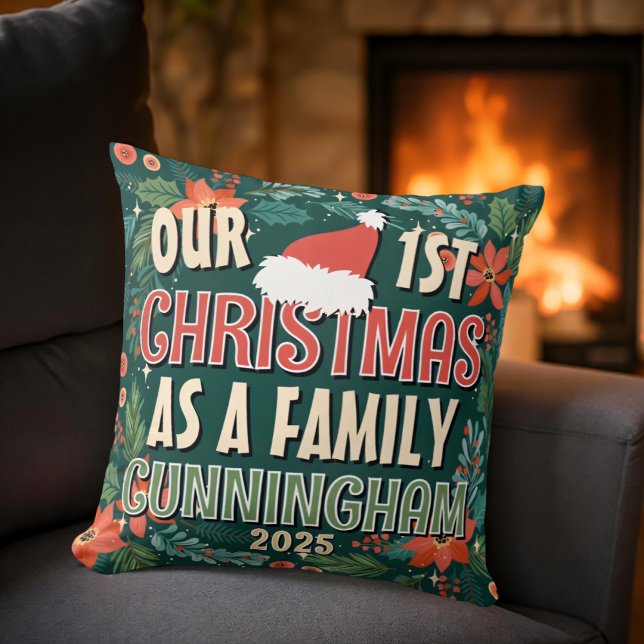 Our First Christmas As A Family Colourful Wreath Cushion (Creator Uploaded)