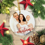 Our First Christmas As A Family Of 3 Red Script Ceramic Tree Decoration<br><div class="desc">Our First Christmas As A Family Of 3 Red Script Ceramic Ornament</div>