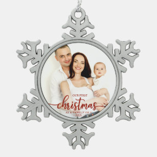 Our First Christmas As A Family Of 3 Red Script Snowflake Pewter Christmas Ornament