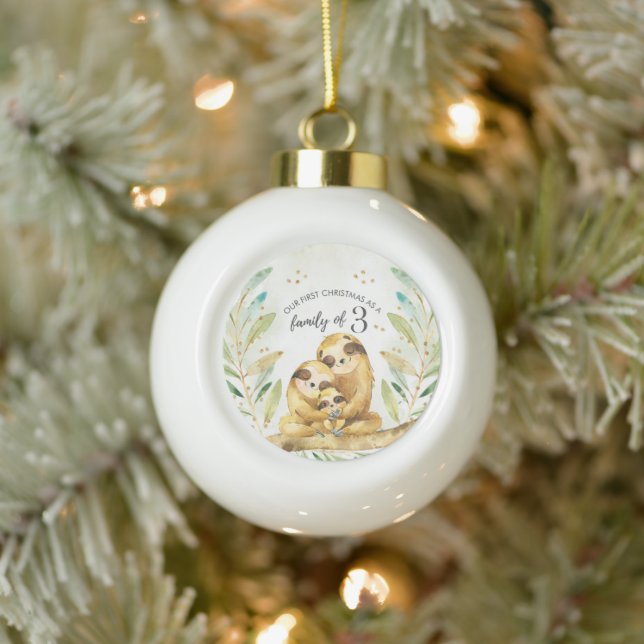 Our First Christmas As A Family of 3 Sloths Ceramic Ball Christmas Ornament (Tree)