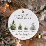 Our First Christmas As A Family of Four Ornament<br><div class="desc">Remember your first Christmas together with this lovely keepsake ornament. This design features a family of four Christmas trees. Easily edit the child's name and the year! This also makes a great gift for new parents!</div>