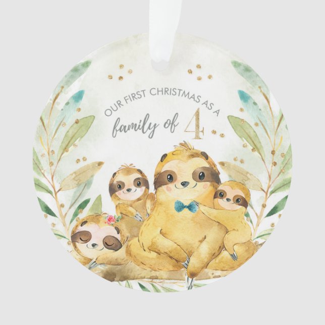 Our First Christmas As A Family of Four Sloth Ornament (Front)