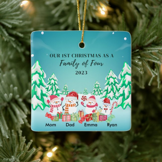 Our First Christmas as a Family of Four Snowmen Ceramic Ornament (Tree)