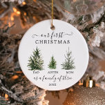 Our First Christmas As A Family of Three Ornament<br><div class="desc">Remember your first Christmas together with this lovely keepsake ornament. This design features a family of three Christmas trees. Easily edit the child's name and the year! This also makes a great gift for new parents!</div>