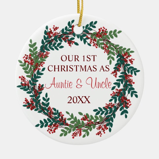 Our First Christmas as Auntie and Uncle Wreath Ceramic Tree Decoration (Front)