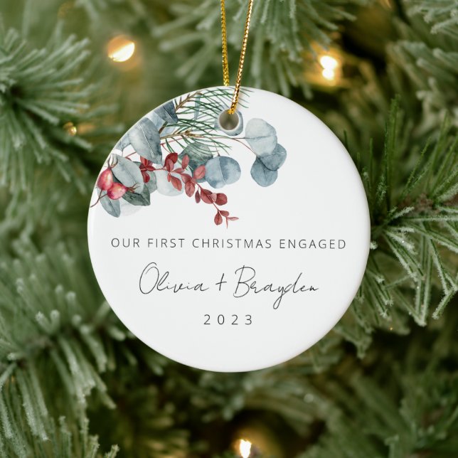 Our First Christmas As Engaged Eucalyptus Photo Ceramic Tree Decoration (Tree)