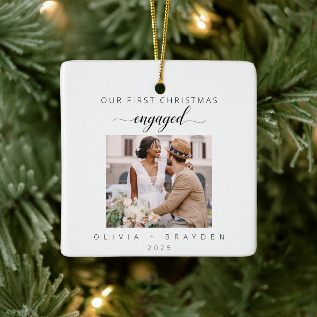 Our First Christmas As Engaged Photo Minimalist Ceramic Ornament (Tree)