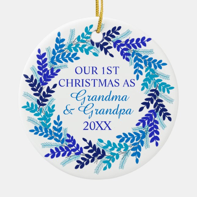 Our First Christmas as Grandma and Grandpa Blue Ceramic Tree Decoration (Front)