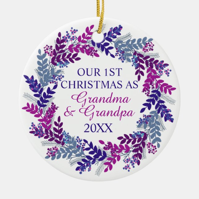 Our First Christmas as Grandma and Grandpa Purple Ceramic Tree Decoration (Front)