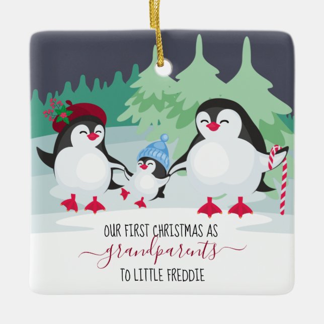 Our First Christmas as Grandparents Cute Penguins Ceramic Ornament (Front)