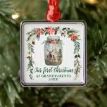 Our First Christmas as Grandparents Deer Family Metal Tree Decoration<br><div class="desc">Elegant Calligraphy Script,  Our First Christmas as Grandparents Watercolor Winter Floral Deer Ornament includes red poinsettias,  white floral roses,  pine cones,  cotton and winter greenery. Watercolor Mason jar with deer family in pines forest.</div>