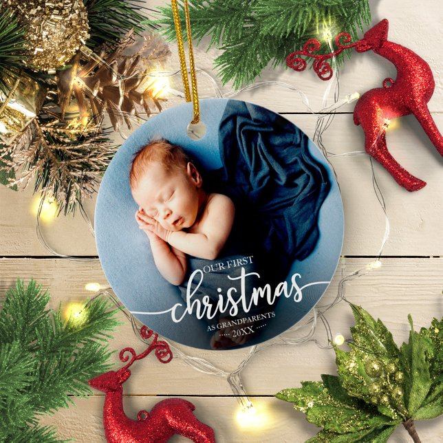 Our First Christmas As Grandparents Elegant Photo Ceramic Tree Decoration (Creator Uploaded)