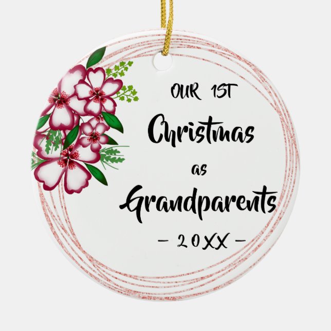 Our First Christmas as Grandparents Floral Photo Ceramic Tree Decoration (Front)