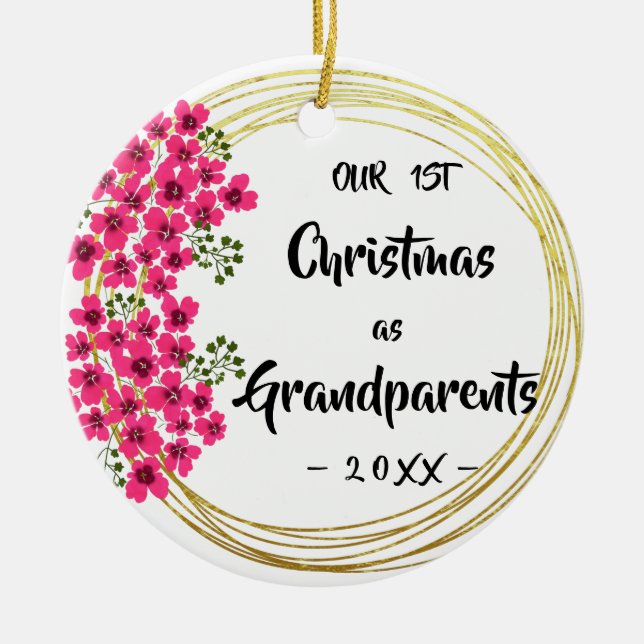 Our First Christmas as Grandparents Floral Photo Ceramic Tree Decoration (Front)