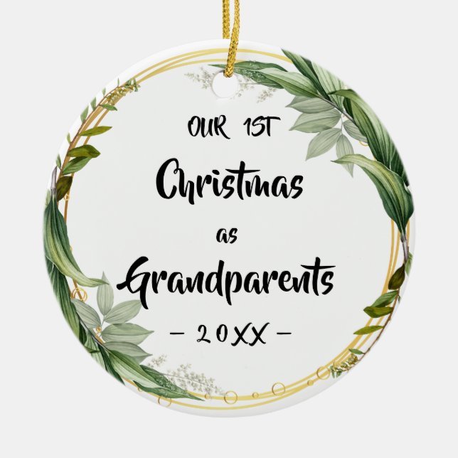 Our First Christmas as Grandparents Floral Photo Ceramic Tree Decoration (Front)