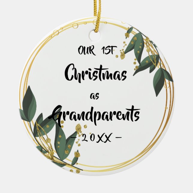 Our First Christmas as Grandparents Floral Photo Ceramic Tree Decoration (Front)