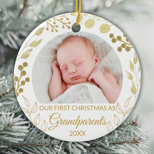 Our First Christmas As Grandparents Gold Photo Ceramic Tree Decoration (Creator Uploaded)