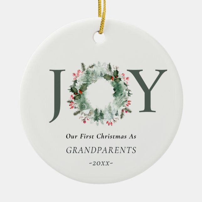 Our First Christmas as Grandparents Joy Photo Ceramic Tree Decoration (Front)