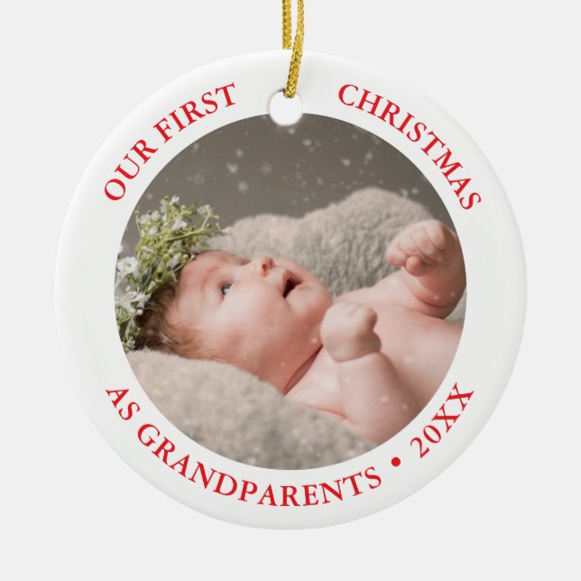 Our First Christmas as Grandparents Modern Photo Ceramic Tree Decoration (Front)