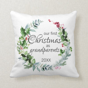 Our First Christmas as Grandparents Modern Wreath Cushion