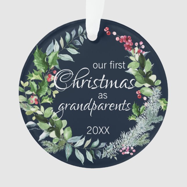 Our First Christmas as Grandparents Modern Wreath Ornament (Front)