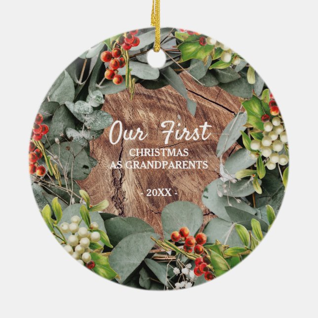 Our First Christmas as Grandparents Photo Ceramic Tree Decoration (Back)