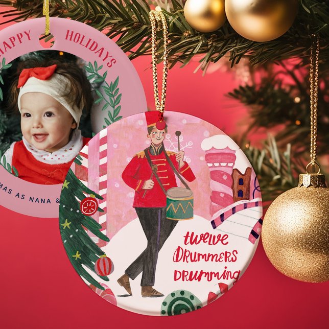 Our First Christmas as Grandparents Photo Ceramic Tree Decoration (Grandparents first Christmas Ornament, with photo baby and 12 days of Christmas holiday illustration)