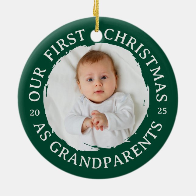 Our First Christmas as Grandparents – Photo Green Ceramic Tree Decoration (Back)
