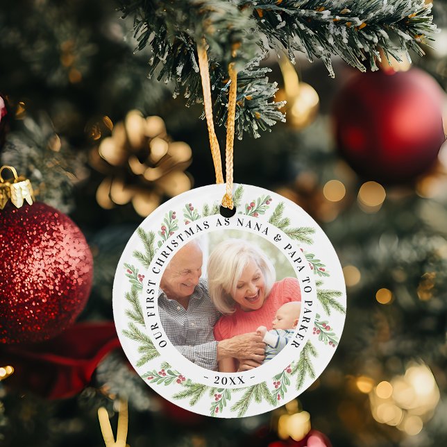 Our First Christmas as Grandparents Photo Greenery Ornament (Our First Christmas as Grandparents Photo Greenery Ornament)