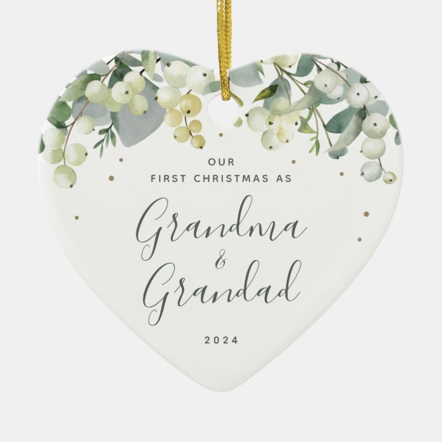 Our First Christmas as Grandparents Photo Heart Ceramic Tree Decoration (Front)
