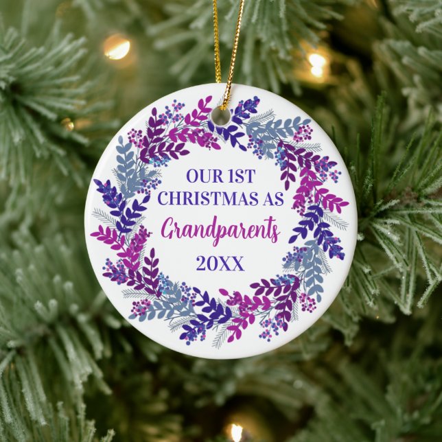 Our First Christmas as Grandparents Purple Wreath Ceramic Tree Decoration (Tree)