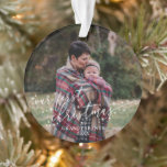 Our First Christmas As Grandparents White Script Ornament<br><div class="desc">Double sided acrylic Christmas ornament to celebrate your first year as grandparents. Add two photos of yourself and your grandchild,  one on each side. Our first Christmas is written across the bottom of the cover photo in a white script surrounded by stars.</div>