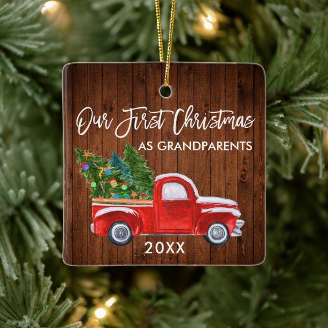 Our First Christmas as Grandparents Wood Truck Ceramic Ornament (Tree)