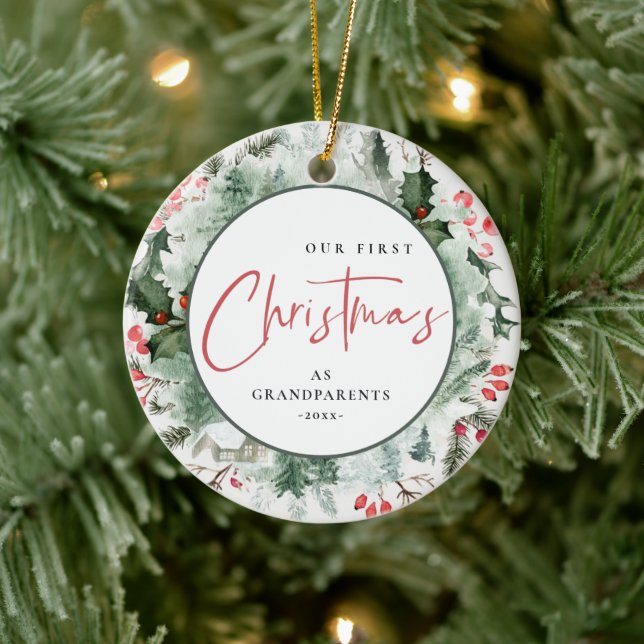 Our First Christmas as Grandparents Wreath Photo  Ceramic Tree Decoration (Tree)