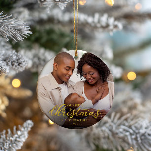 Our First Christmas as Mom and Dad Gold Foil Photo Ceramic Tree Decoration