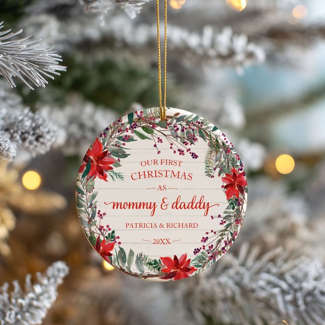Our First Christmas as Mommy & Daddy Rustic Wreath Ceramic Tree Decoration (Creator Uploaded)
