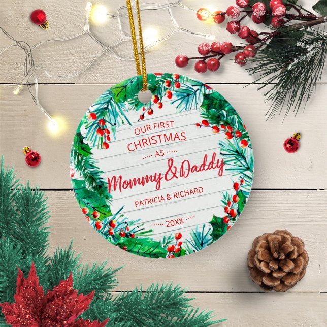 Our First Christmas as Mommy & Daddy Rustic Wreath Ceramic Tree Decoration (Creator Uploaded)