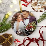Our First Christmas As Mr And Mrs 2024 White Font Ceramic Tree Decoration<br><div class="desc">Embrace the joy of your first Christmas as a married couple with our beautiful ornament. Personalise it with your favourite wedding picture and special details.</div>