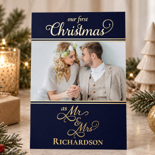 Our First Christmas as Mr and Mrs Blue and Gold Foil Holiday Card