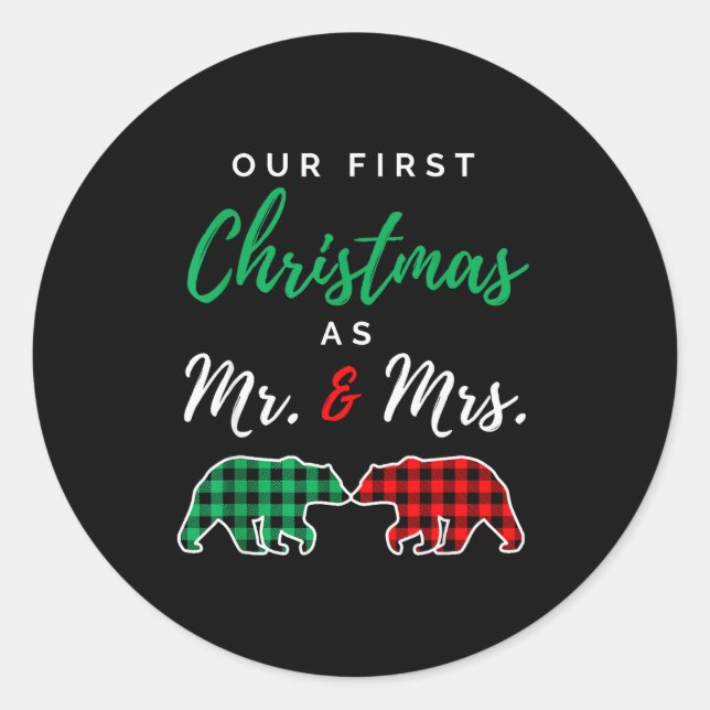 Our First Christmas As Mr. And Mrs. Buffalo Plaid  Classic Round Sticker (Front)