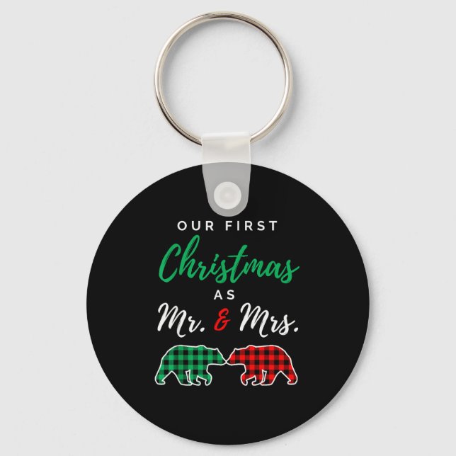 Our First Christmas As Mr. And Mrs. Buffalo Plaid  Key Ring (Front)