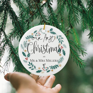 Our First Christmas As Mr and Mrs Cute Wreath Ceramic Tree Decoration