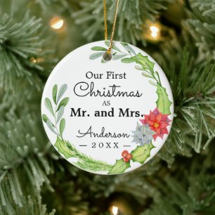 Our First Christmas As Mr. And Mrs. Floral Wreath Ceramic Tree Decoration