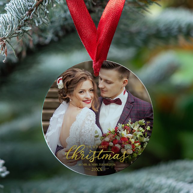 Our First Christmas As Mr And Mrs Gold Foil Font Ornament (Creator Uploaded)