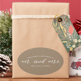 Our First Christmas As Mr And Mrs Kraft Wedding Oval Sticker