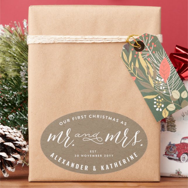 Our First Christmas As Mr And Mrs Kraft Wedding Oval Sticker (Holiday)