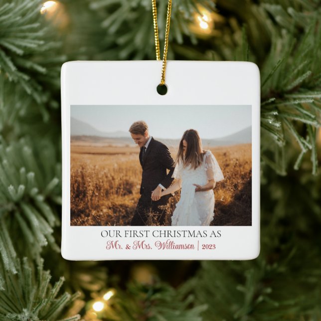 Our First Christmas as Mr and Mrs Newlywed Photo Ceramic Ornament (Tree)