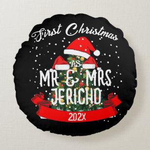 Our First Christmas as Mr. and Mrs. Newlywed Round Cushion