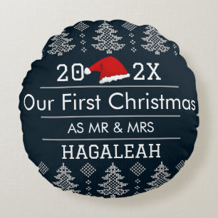 Our First Christmas as Mr. and Mrs. Newlywed Round Cushion